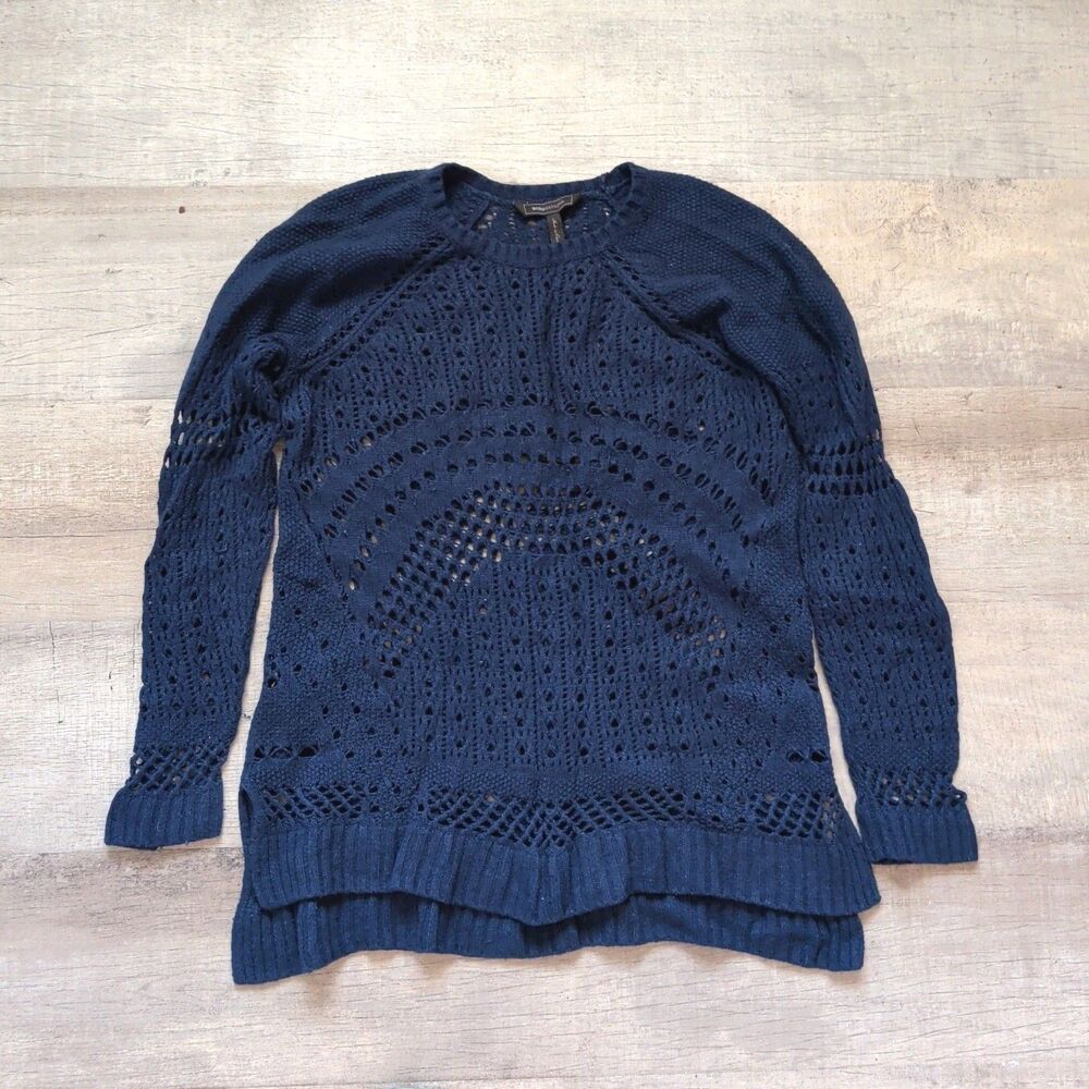 BCBGMaxAzria Navy Blue Open Knit Crochet Long Sleeve Crewneck Sweater Size Small